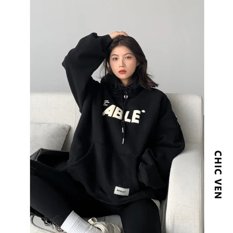 CHIC VEN Women Hoodies Sweatshirts Loose Warm Thick Fleece Streetwear Casual Letter Sport Coat Female Autumn Winter Clothes 2022