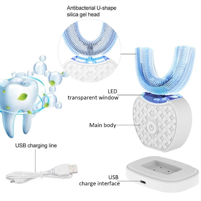Intelligent Automatic U Type Modes Tooth Brush Sonic Electric Toothbrush USB Rechargeable Tooth Whitening Blue Light