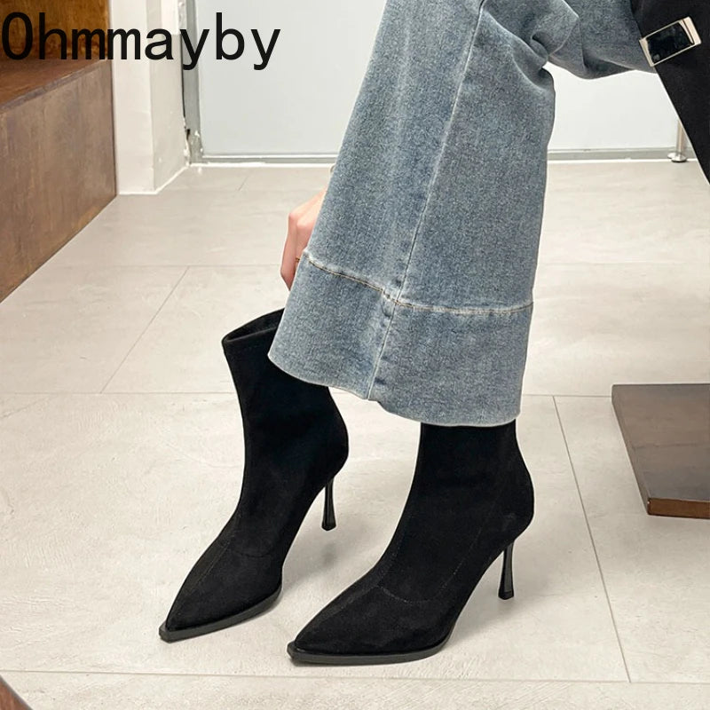 Heels & Pumps — Pointed-Toe Stretch Ankle Boots, Slim Booties Heeled Autumn Winter — view 2 of heels & pumps