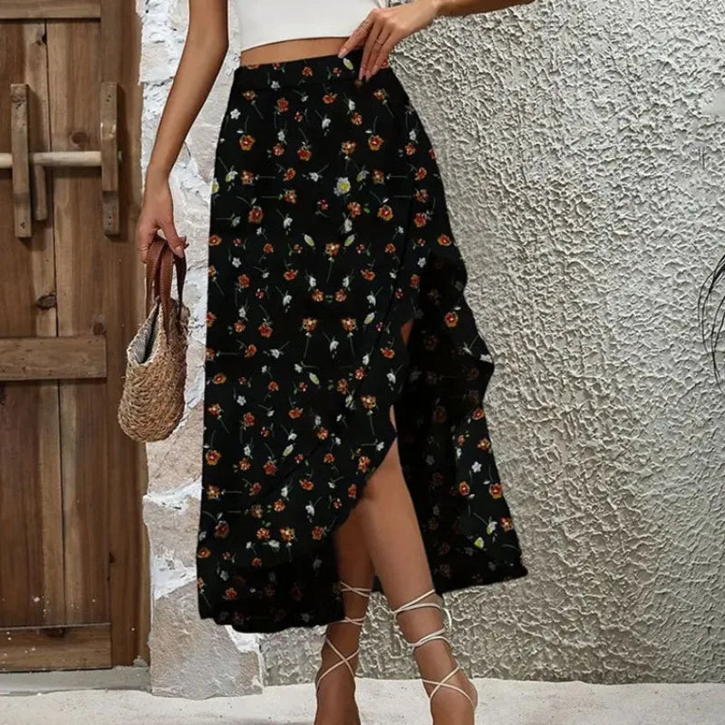 Casual Floral Print Long Skirts For Women 2024 Summer Fashion Women's Split Midi Skirt