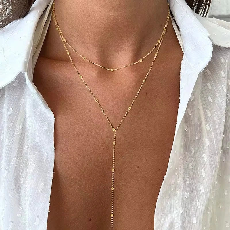 Women's Gold Plated Lariat Necklace — Double Layered Long Chain Drop Pendant Jewelry — view 2 of jewelry