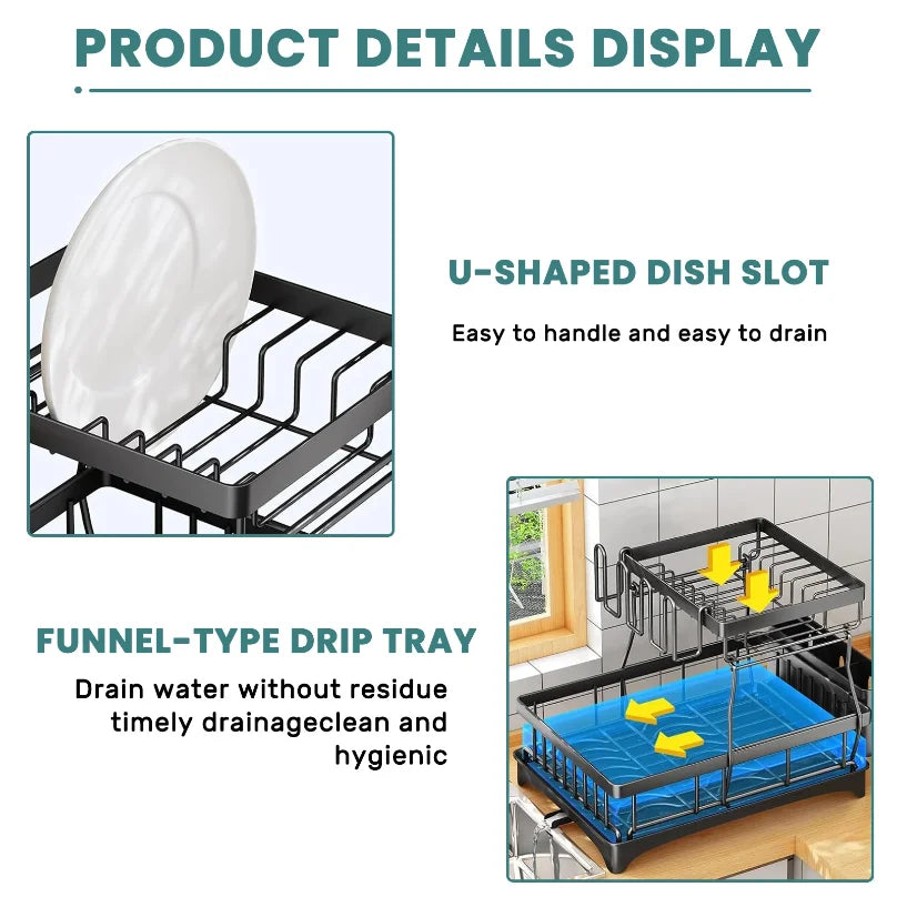 Large 2-tier dish drying rack for kitchen countertops, removable large-capacity dish draining rack — view 5 of product