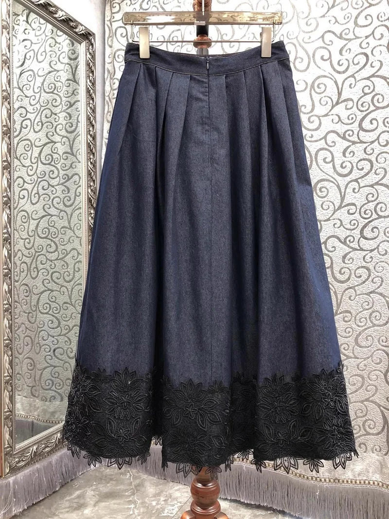 2025 Spring Fashion Long Denim Skirt High Quality Cotton Denim Women Lace Embroidery Casual Long Maxi Blue Jeans Skirt Clothing