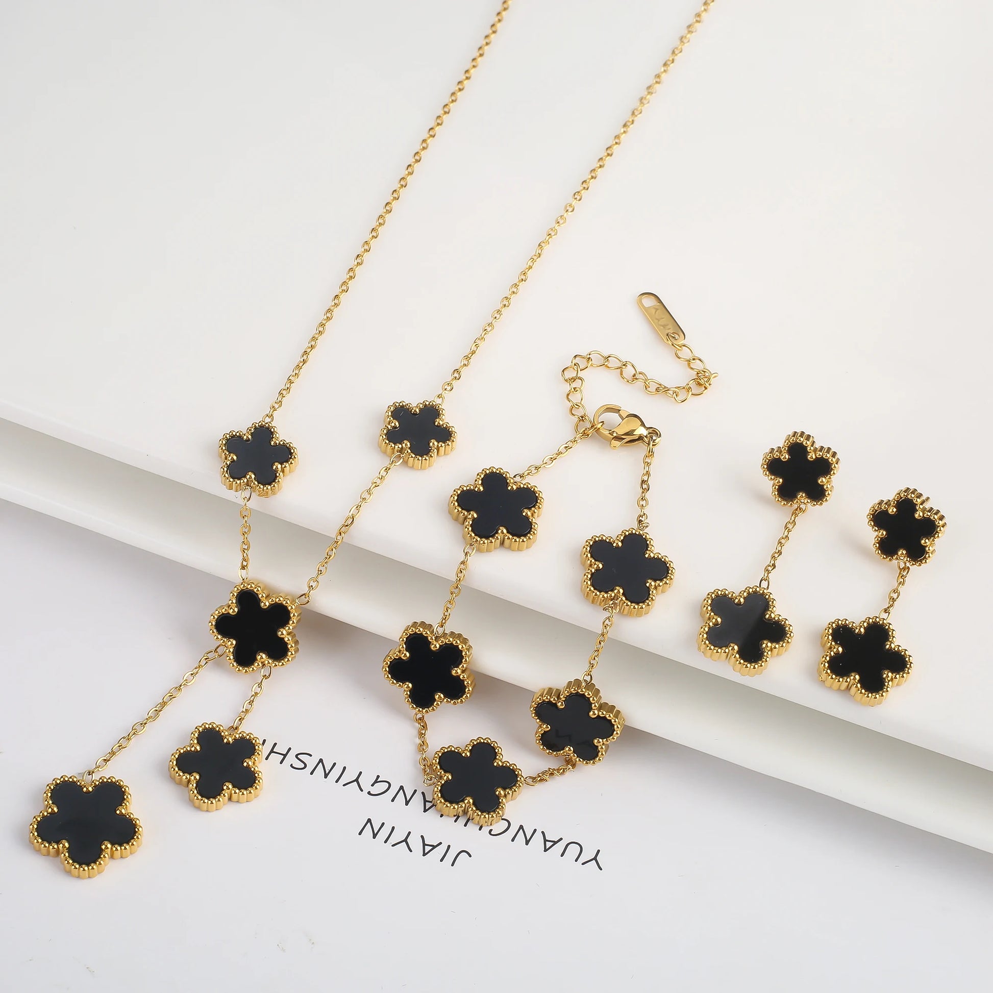 3-Piece 18K Gold-Plated Five-Leaf Flower Jewelry Set Necklace Earrings & Bracelet Clover Pendant Set — view 10 of jewelry sets