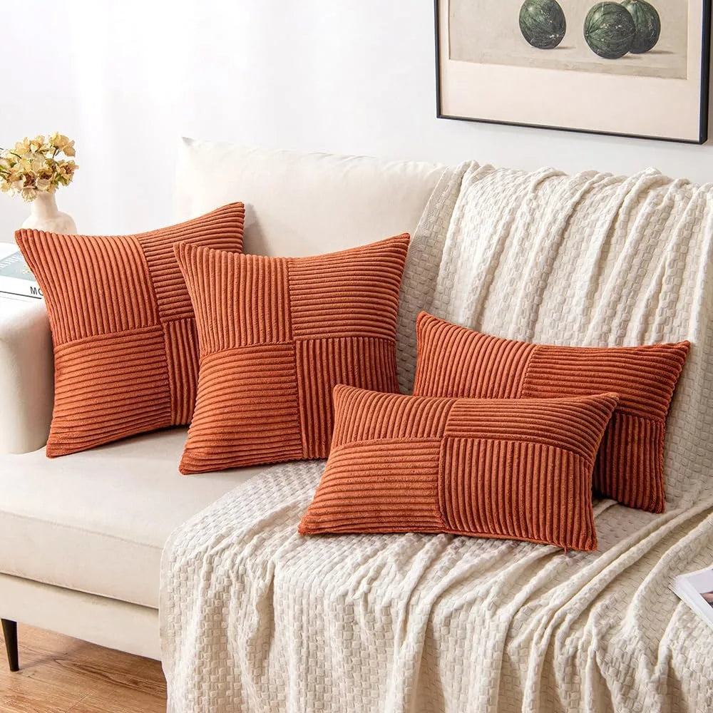 Rust Boho Corduroy Throw Pillow Cover &mdash; 18&times;18 in Terracotta Patchwork Accent Cushion — view 4 of cushion covers & pillow cases