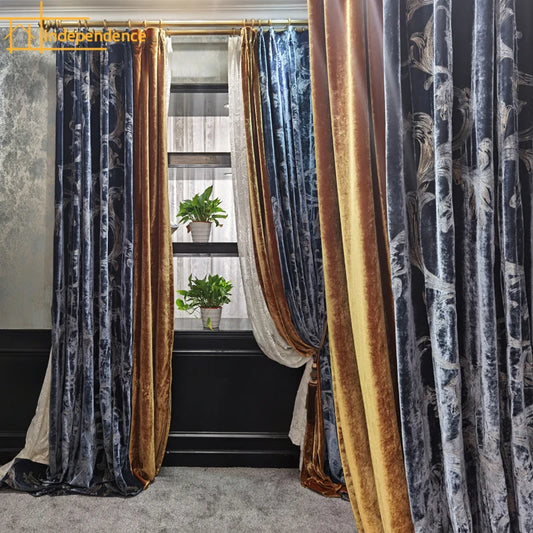 High Grade Velvet Purple and Gold Embroidery Stitching Thickened Blackout Curtains for Living Room Bedroom French Window Villa