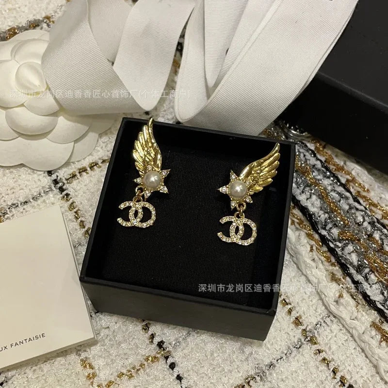 Pearl Tassel Wings Stud Earrings — Classic Rhinestone Light-Luxury Diamond Style — view 7 of earrings