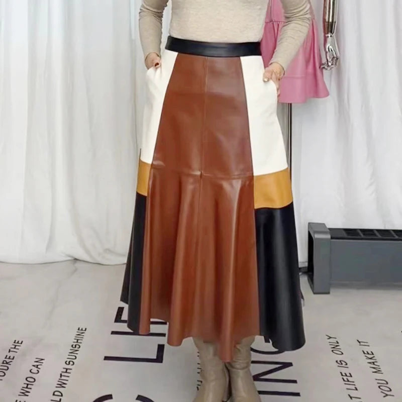 Moda Clothing 2024 Spring and Autumn Fashion Contrast Color Leather Skirts Female Retro Patchwork Large Swing 80CM Long Faldas