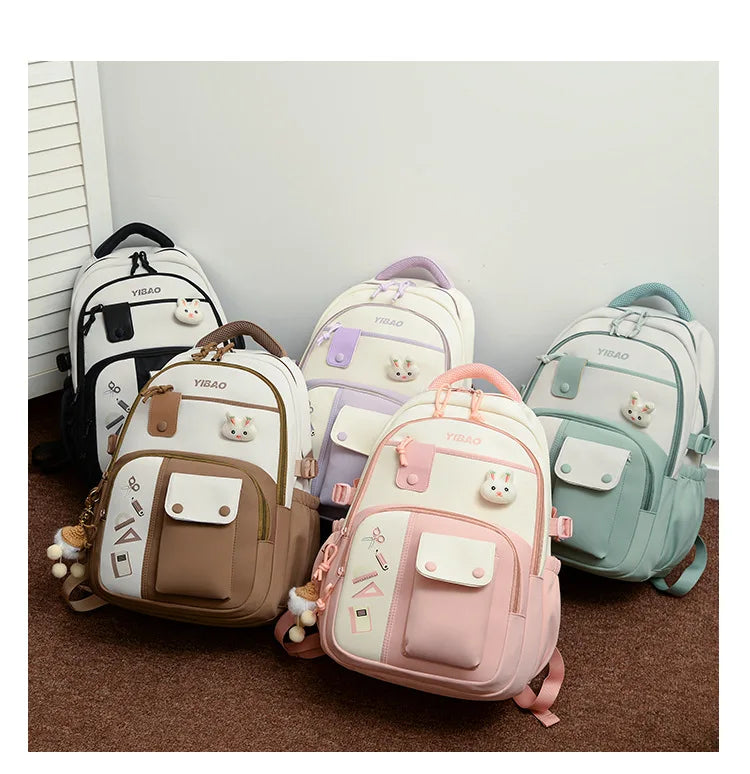 Cute rabbit children school backpack for teenage girls Fashionable splicing color contrast fresh lady knapsack kids schoolbags