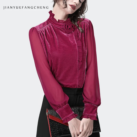 2024 Spring New Womens Long Sleeve Magenta Velour Blouse With Flower Deco Velvet Tops Fashion Casual Chiffon Sleeves Shirt