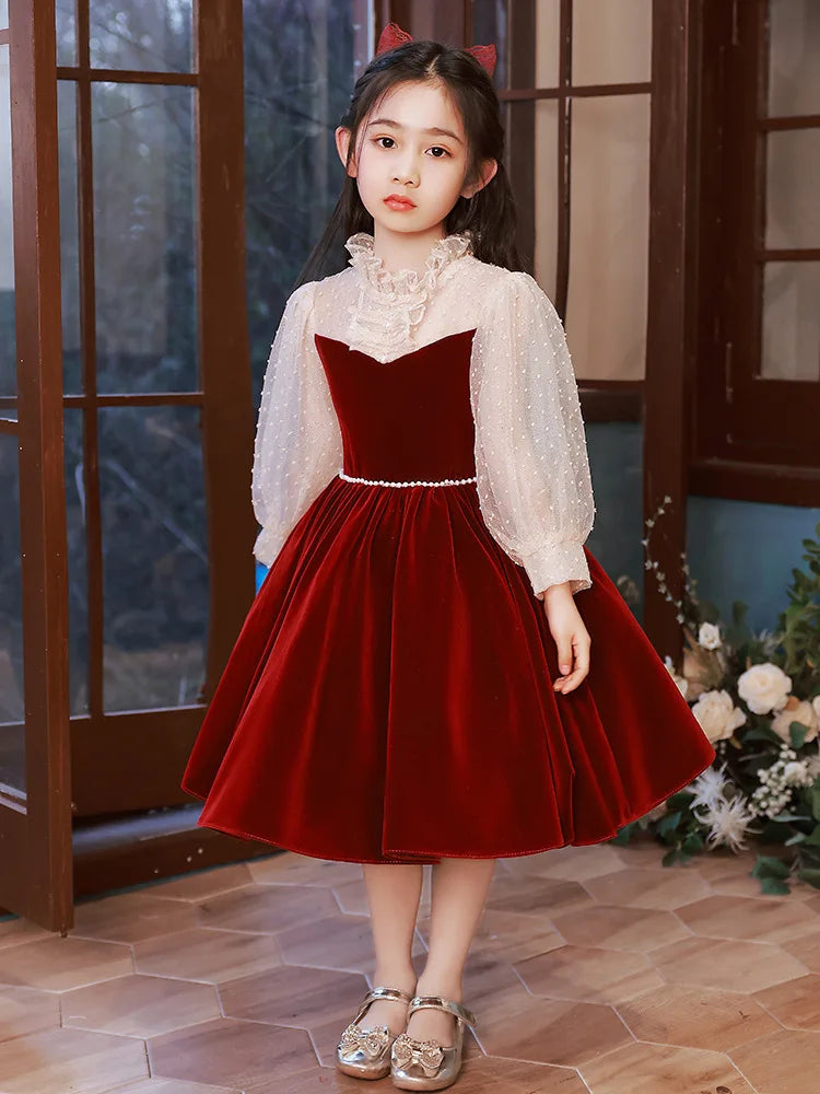 New Luxury Evening Dress for Girls Children Beading Ball Gowns Children Piano Performance Costume Teenagers Elegant Red Vestidos