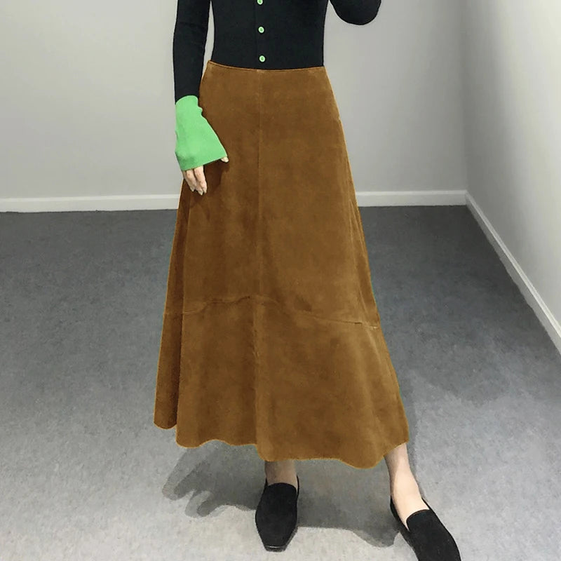 Women Purple Suede Leather Skirt 2024 Trend Spring Harajuku Big Hem 85 cm Long Faldas Mujer Chic Bohemian 100% Leather Dress