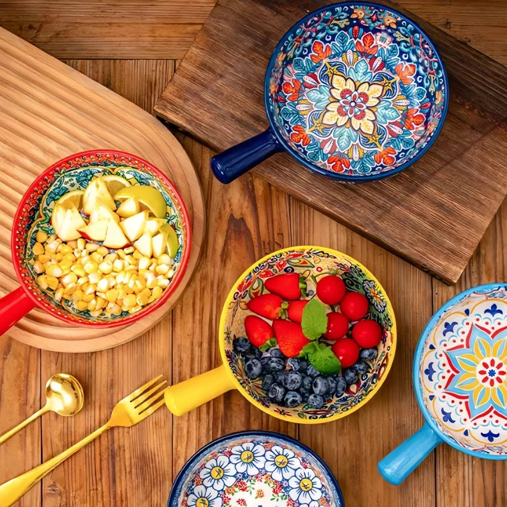 Bohemian Hand-Painted Ceramic Salad Bowl — Embossed Patterned Bakeware with Handle — view 3 of dining & tableware