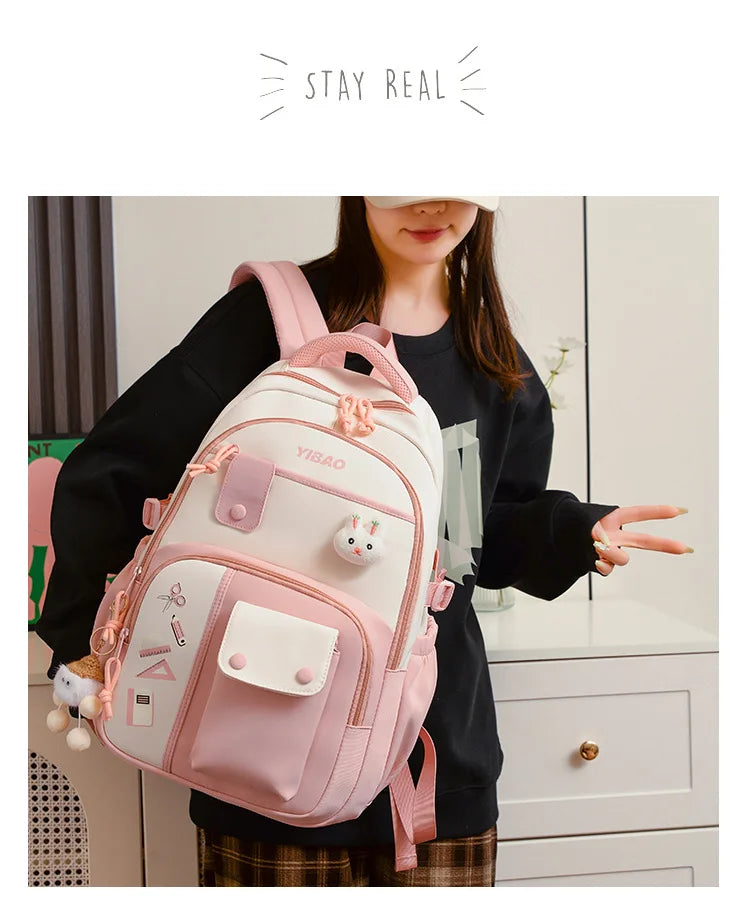 Cute rabbit children school backpack for teenage girls Fashionable splicing color contrast fresh lady knapsack kids schoolbags