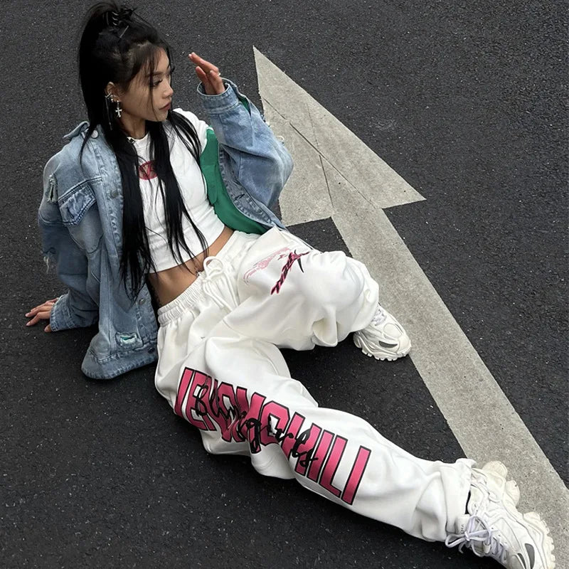 New Y2K Streetwear White Track Pants Women Harajuku Hippie Wide Leg Sweatpants Oversize