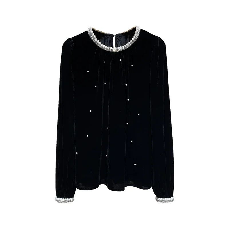 French Elegant Heavy Industry Beaded Diamond Round Neck Long Sleeve Loose Black Velvet Temperament Shirt Top Women Autumn 2024