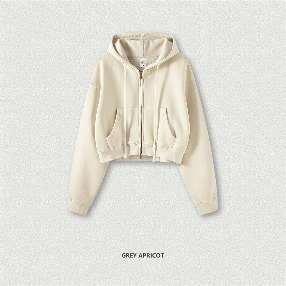 ZODF Retro 2023 Winter Women Short Zipper Hoodies Female Girls Loose 355gsm Thick Fleece Hooded Zip-up Coat Streetwears HY0448