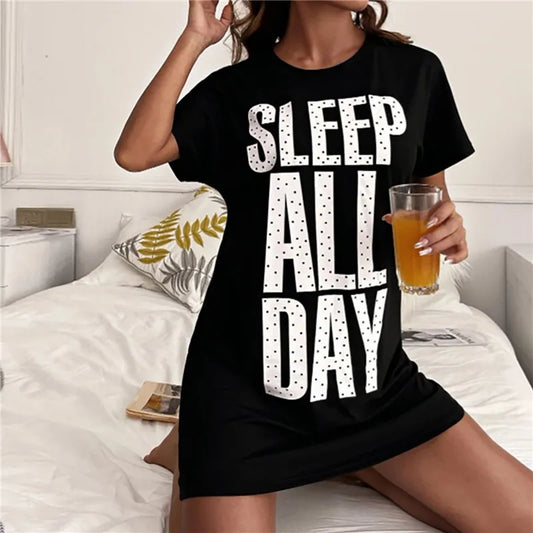 Summer Sexy Sleepwear Women Cotton Night Dress O-neck Short Sleeve Letter Nighties Nightgown Nightdress Nightwear Homewear