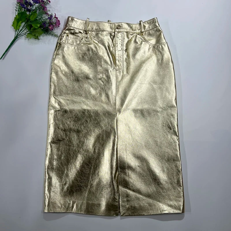 Saia de Couro Feminina Top Quality Women Gnuine Leather Silver Skirt Female Metallic Slim Fit Casual Wrap Jupe Front Split Jupe