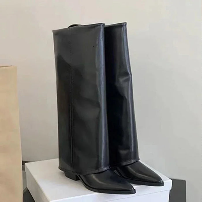 Knee-High Heeled Boots — Leather-Look Chunky Pointed-Toe Long Boots — view 1 of boots