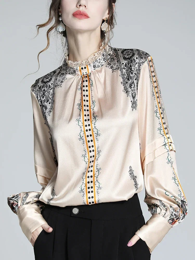 2024 New Shirt Women Spring and Autumn Design Sense French Vintage Shirt Satin Printed Top Trend Fashion Luxury