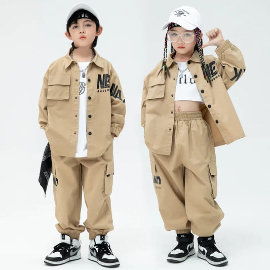 Kid Kpop Hip Hop Clothing Khaki Shirt Jacket Casual Streetwear Cargo Jogger Pants for Girl Boy Jazz Dance Costume Clothes Set