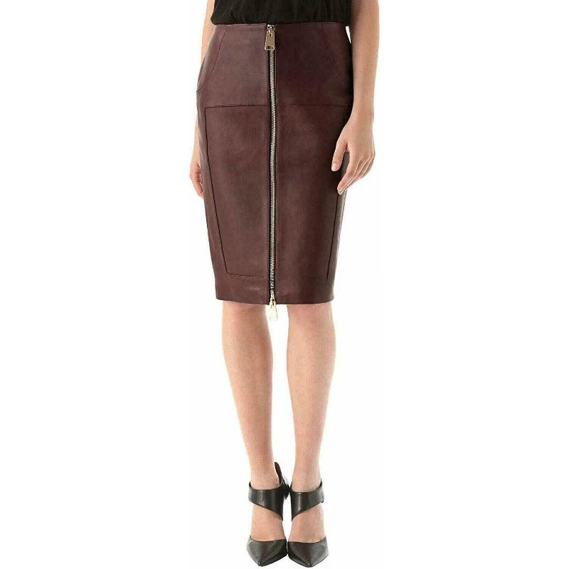 Women Genuine Lambskin Real Leather Skirt Brown Straight & Pencil Zip Skirt