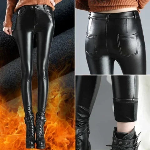 Leather Plush Thickened High Waist Elastic Korean Size Pu Pants Women's Small Korean Fashion