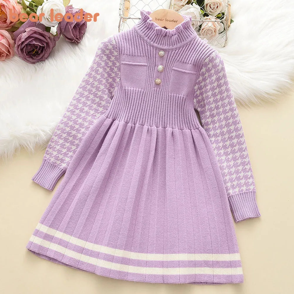 Bear Leader Girls' Knitted Sweater Dress – Autumn Winter Princess Party Outfit (4-8Y)