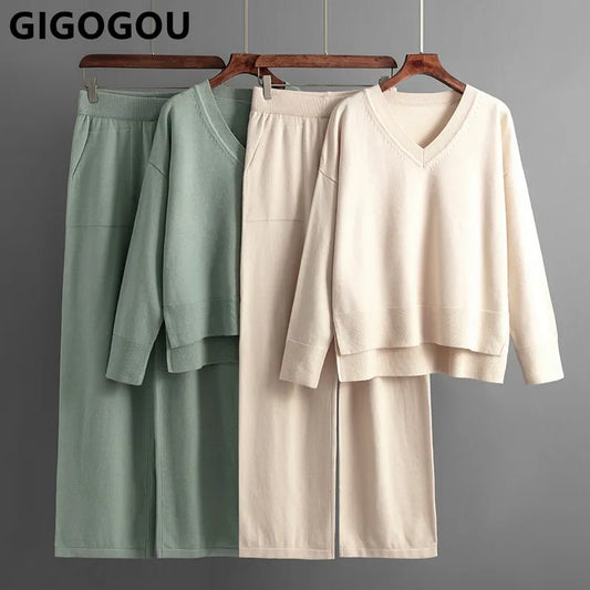 GIGOGOU Split Up Women Knitted Sweater Tracksuits V Neck Solid Woman Sweaters + High s 2/Two  Pieces