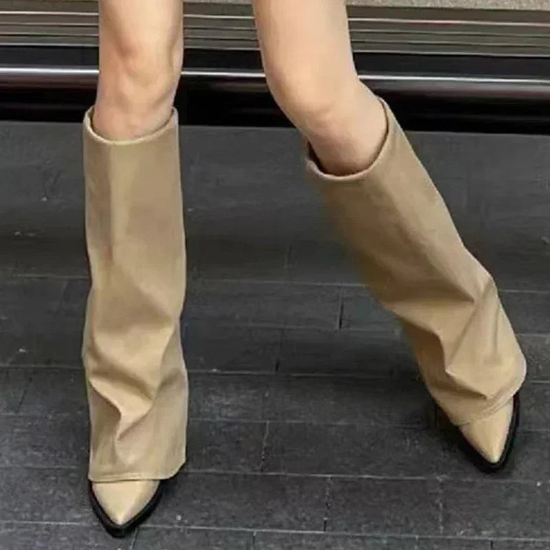 Knee-High Heeled Boots — Leather-Look Chunky Pointed-Toe Long Boots — view 5 of boots