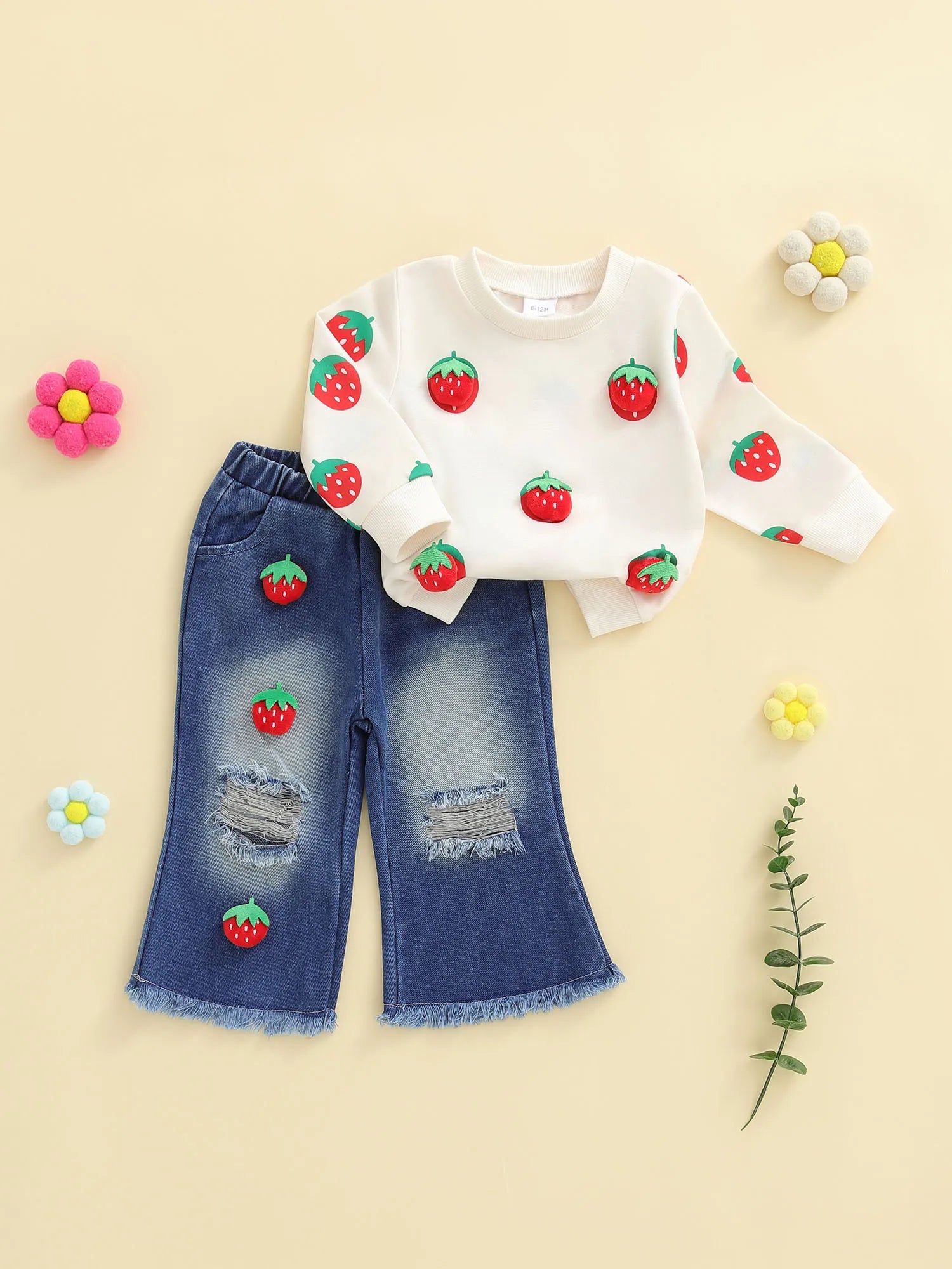Baby Girl 3D Watermelon Sweater Set - Knit Top & Distressed Jeans Outfit — view 2 of baby outfits