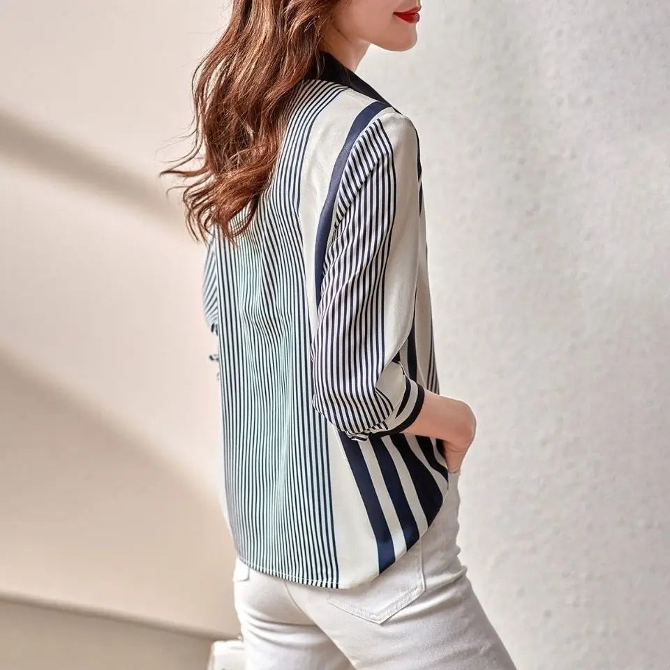 Striped Color Blocked Long Sleeved Chiffon Shirt for Women's Spring Autumn New Commuting Temperament Loose Versatile Shirt Top