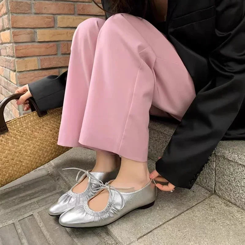 Flats & Ballet — Leather Metallic Ballet Flats, Silver Gold Bling Round-Toe Party Flats — view 3 of flats & ballet