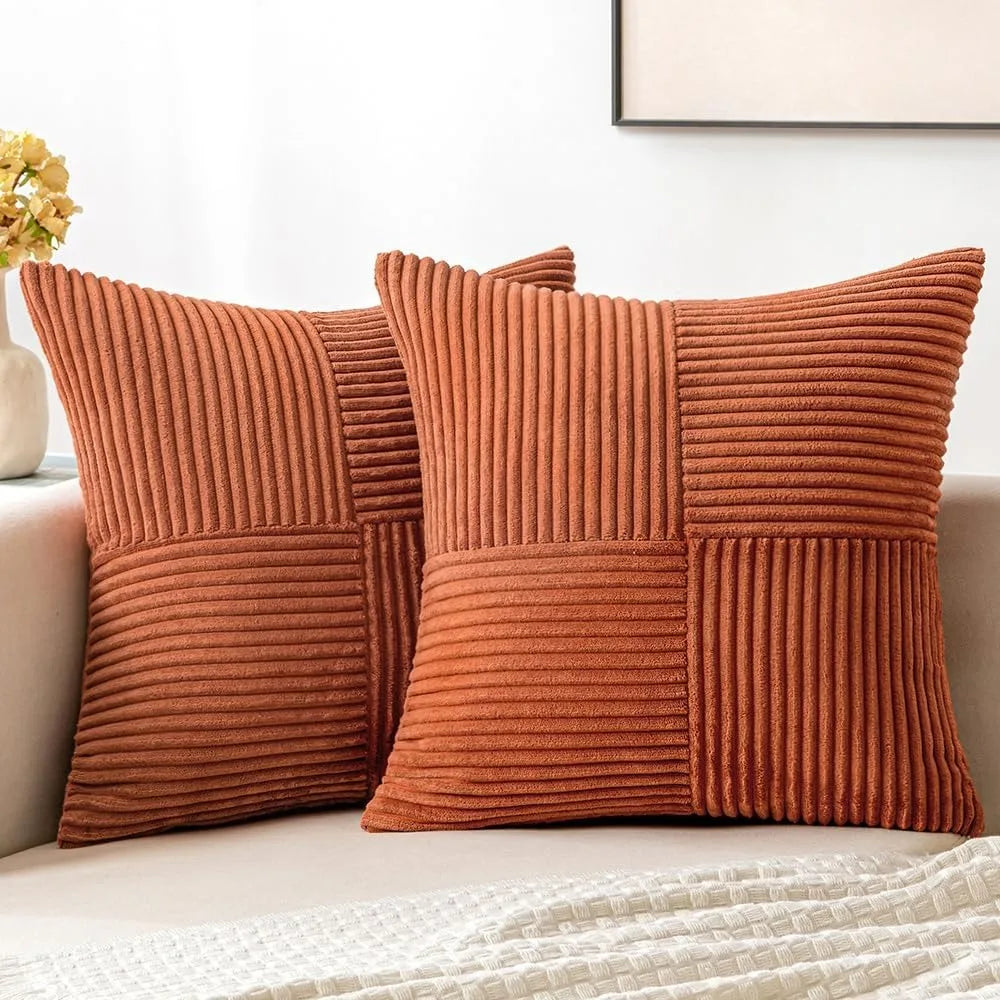 Rust Boho Corduroy Throw Pillow Cover &mdash; 18&times;18 in Terracotta Patchwork Accent Cushion — view 1 of cushion covers & pillow cases