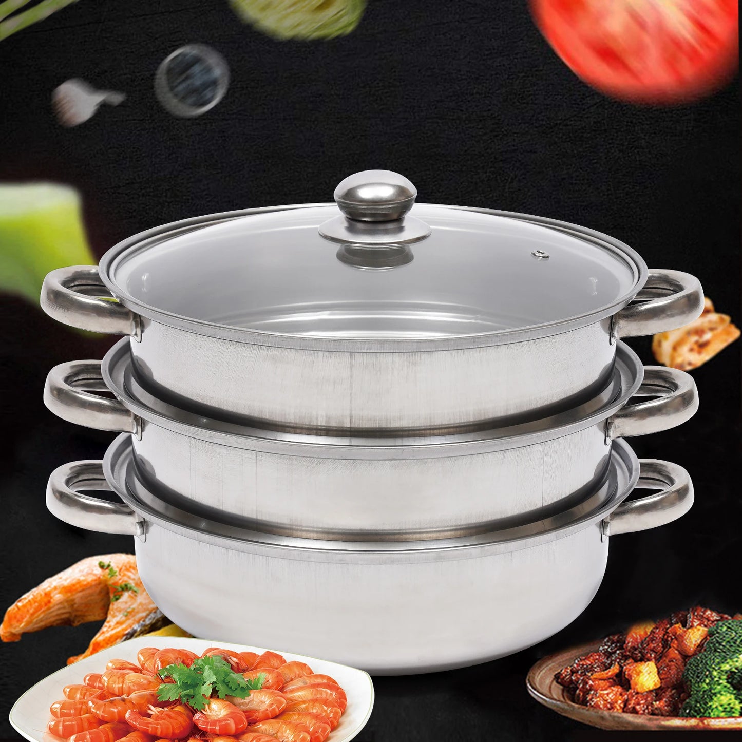 3-Tier 28cm Stainless Steel Steamer Pot Multi-Function Cooking Vegetable Seafood Dim-Sum Steamer wit