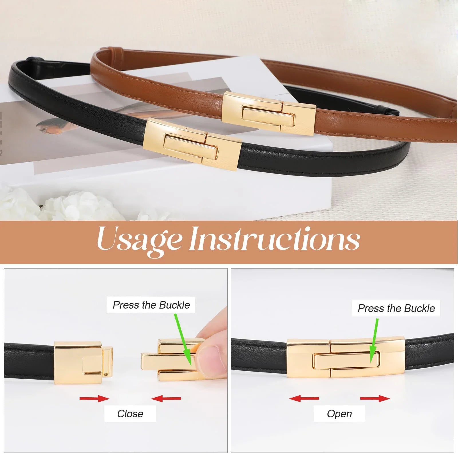 Belts Genuine Leather Women's 1.8cm Slim Belt — Gold Lock Buckle — view 4 of belts