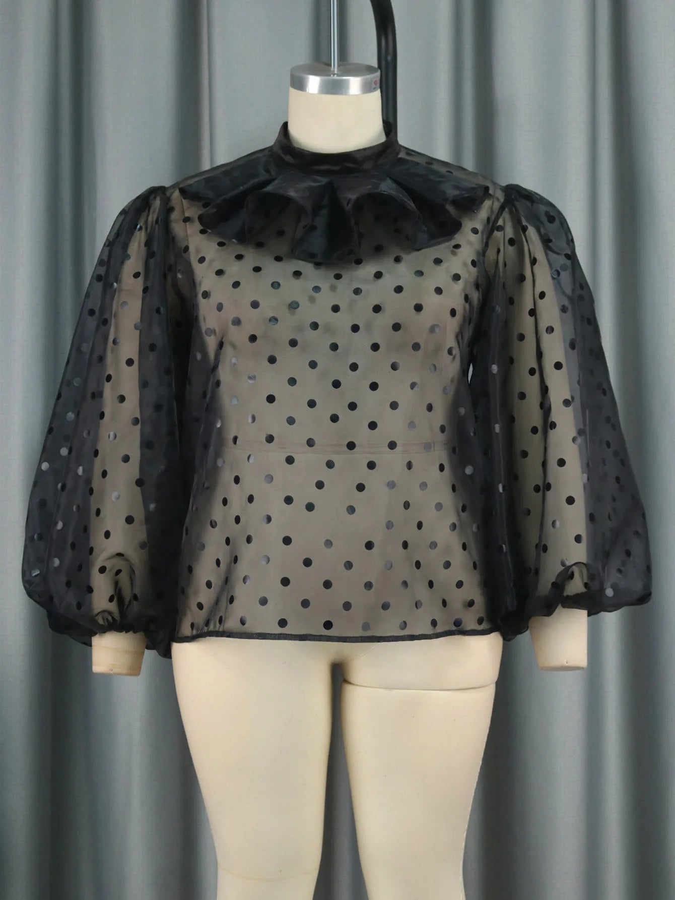 Women’s Polka Dot Mesh Hoodie – Sexy Stand Collar Lantern Sleeve Top