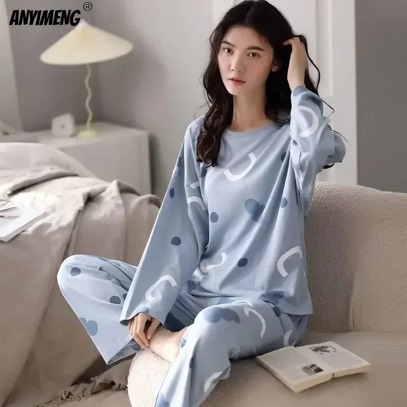 M-5XL Big Size Autumn Spring Pajamas Set for Women Kawaii Printing Sleepwear for Girl Fashion