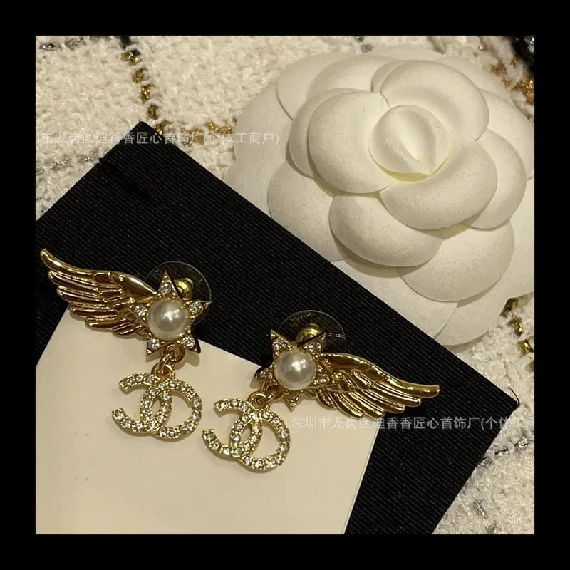 Pearl Tassel Wings Stud Earrings — Classic Rhinestone Light-Luxury Diamond Style — view 4 of earrings