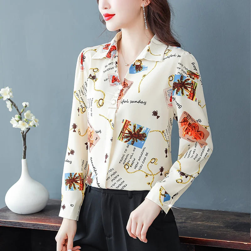 Spring Printed Chiffon Shirt – Women’s Slim Vintage Long-Sleeve Retro Blouse