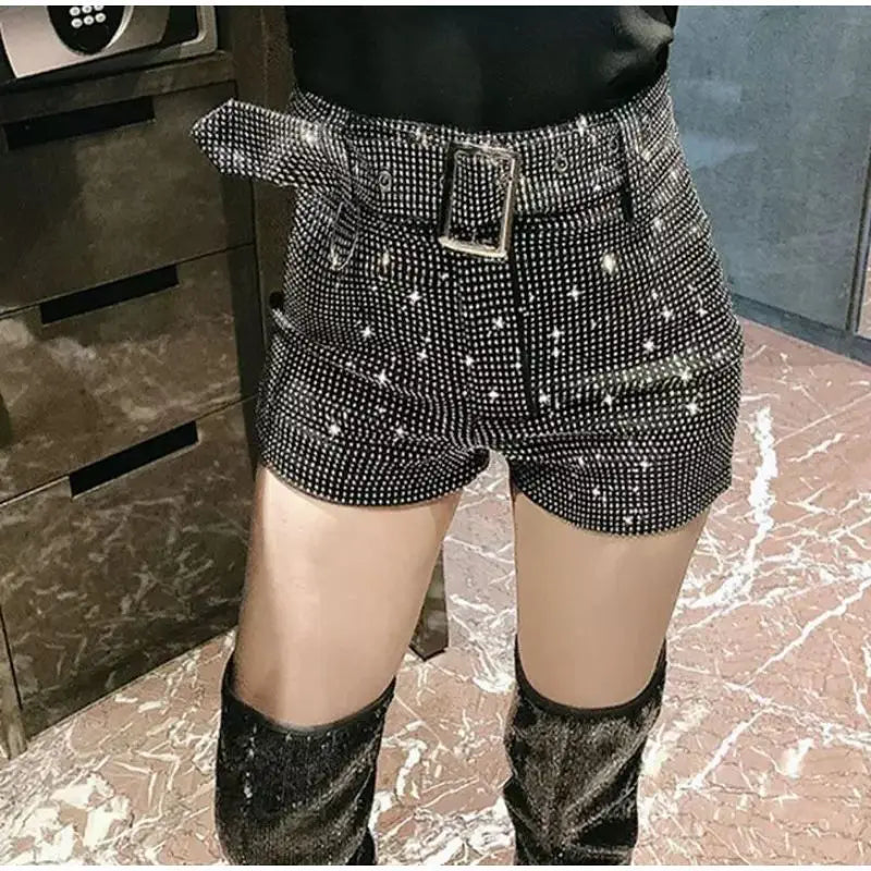 Women's Heavy Industry Shiny Diamond Shorts Streetwear 2023 Summer New Korea High Waist Shiny Casual Shorts With Belt Female