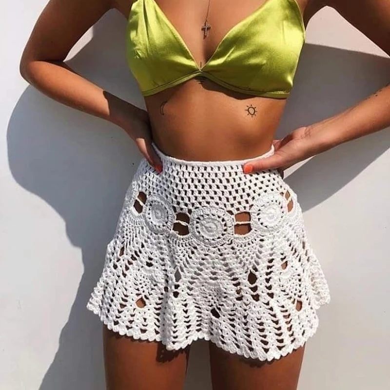 Handmade Crochet Women's Sexy Beach Skirt,Solid Color,Hollow Braided Tassel Women's Short Skirt,Fashion Swimsuit Bikini,2024 New