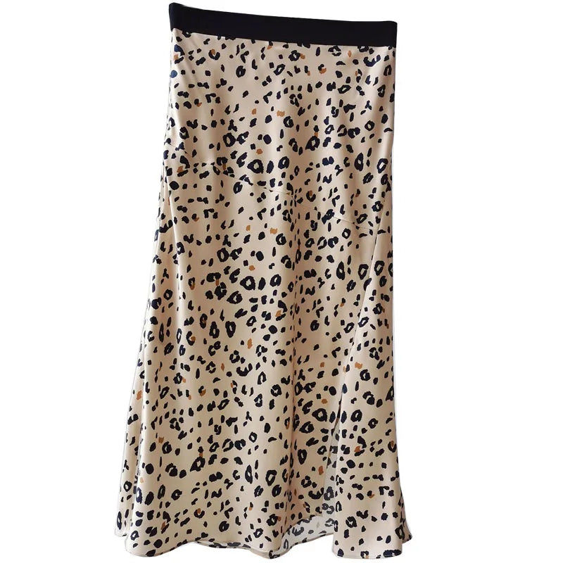 Birdtree 17MM 100%Real Silk Commute Leopard Skirt Women's Wrapped Hip Split Fish Tail French Skirt  2024 Spring Summer B41132QC