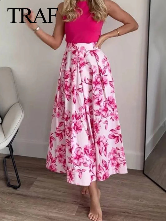TRAF 2024 Woman Pink Floral Printed Casual Loose Skirt Women Chic A Line High Waist Long Skirt Y2K Streetwear For Beach Holiday