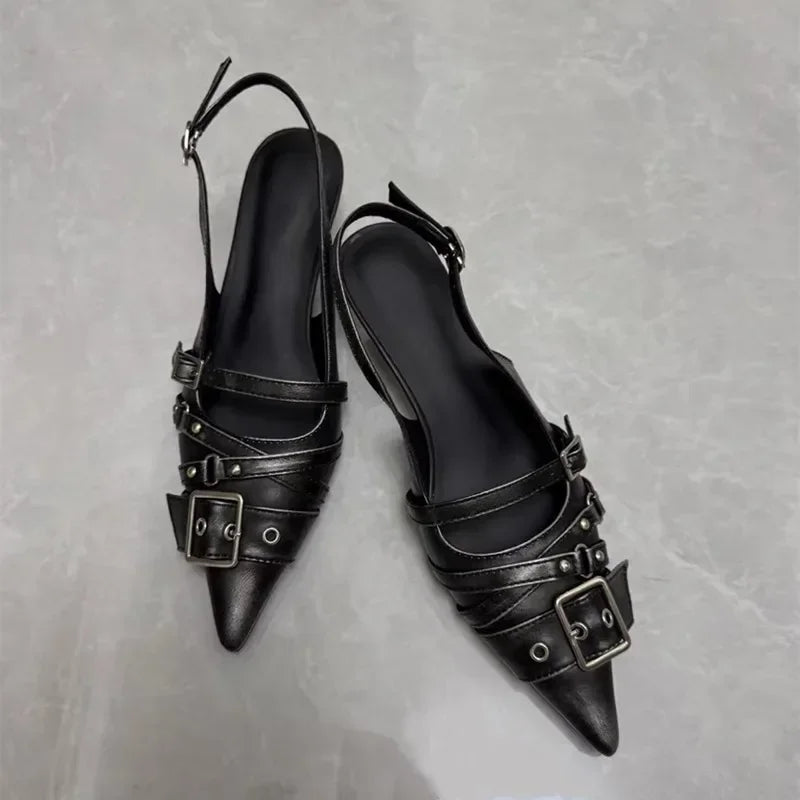 Heels & Pumps — Belt-Buckle Half-Drag Mule Pumps, Pointed-Toe Y2K Slip-On Heels — view 5 of heels & pumps