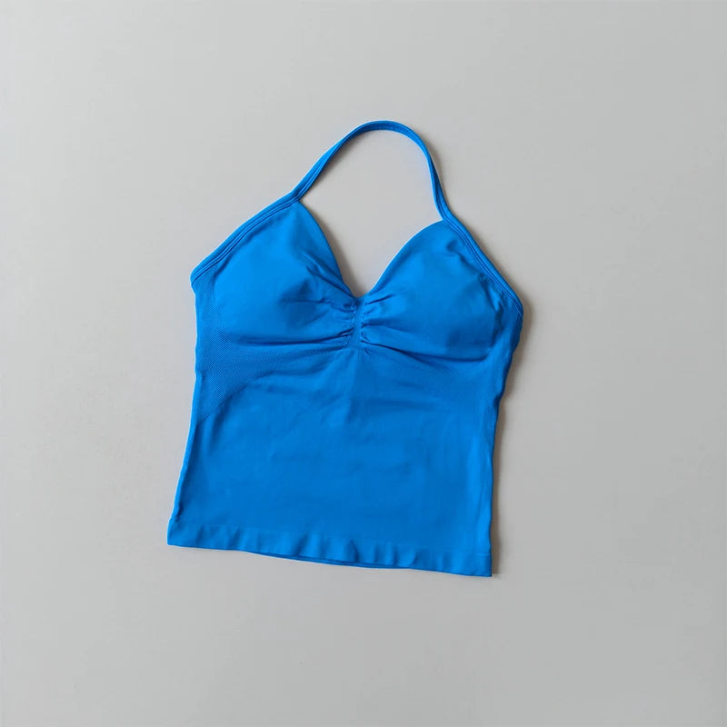 Longline Strappy Yoga Tank &mdash; Seamless Ruched Backless Gym Vest with Built-In Bra — view 11 of sports bras