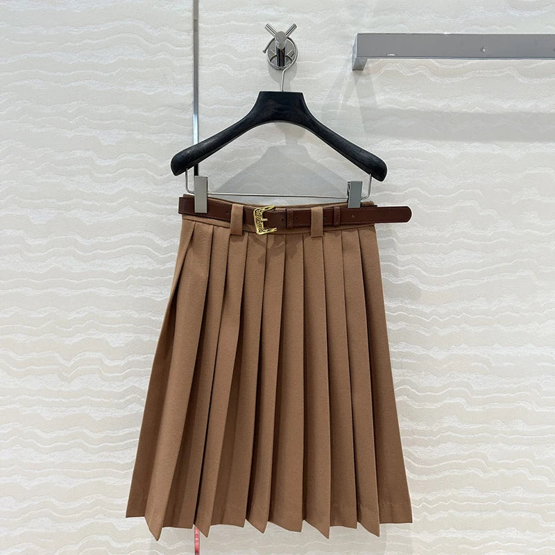 2024 AW Vintage College Style Pleated Skirt Women Brown Tweed Elegant Midi Skirt Metal Clasp Tie Women's Clothing