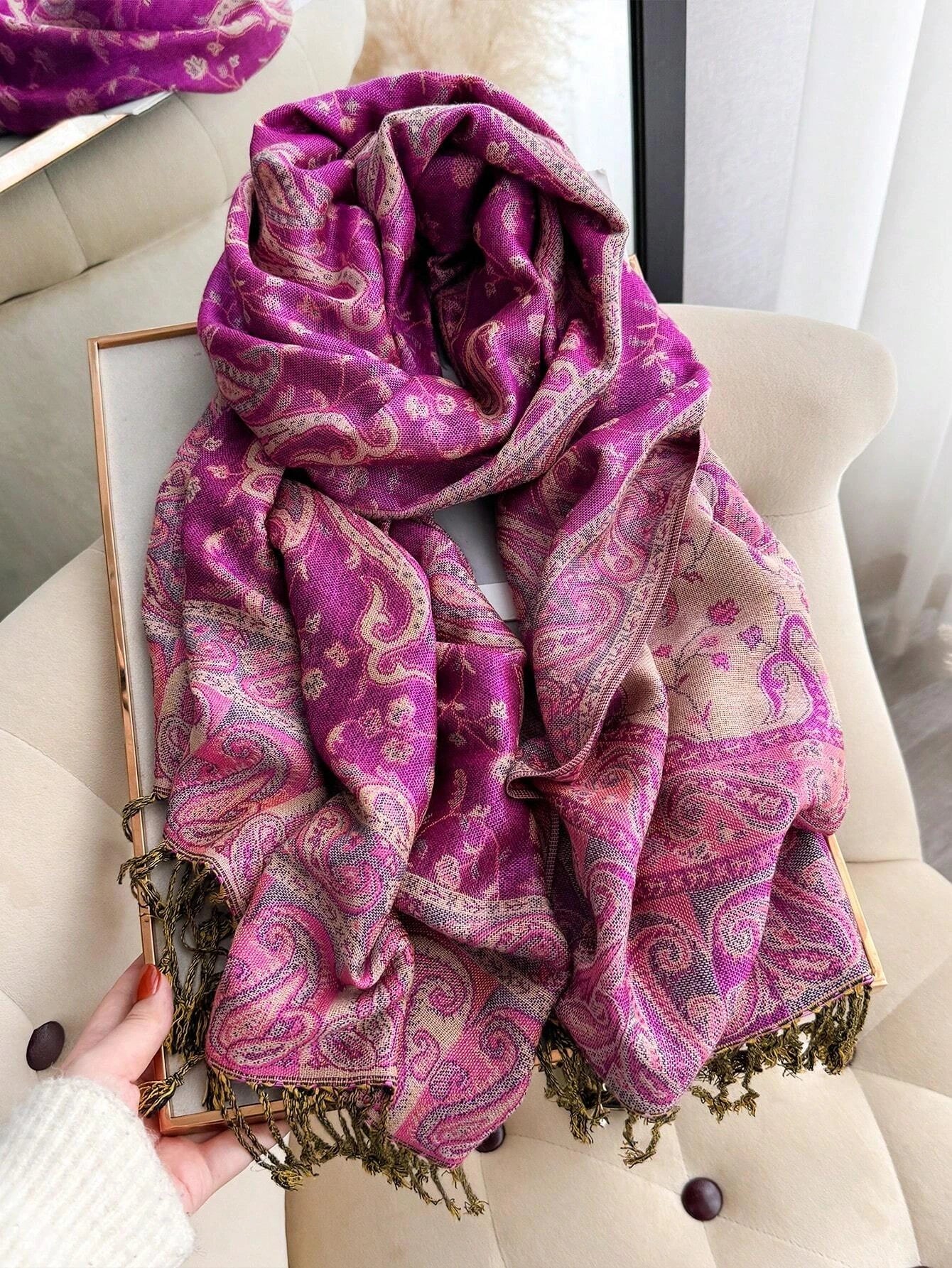 Pashmina Scarf European Bohemia Paisley Jacquard — Museum-Piece Cashmere Shawl Wrap 70×190cm — view 3 of scarves & wraps