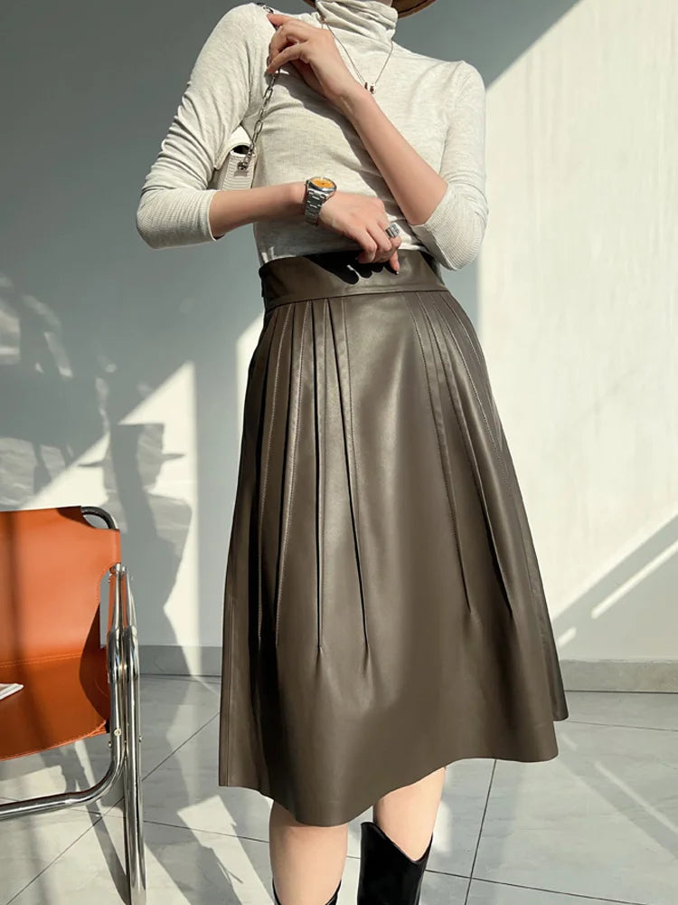 Women Leather Skirts 2024 Winter High-End Heartthrob Italian High-Quality Sheepskin Folded Faldas Mujer Over Knee Pleated Jupe